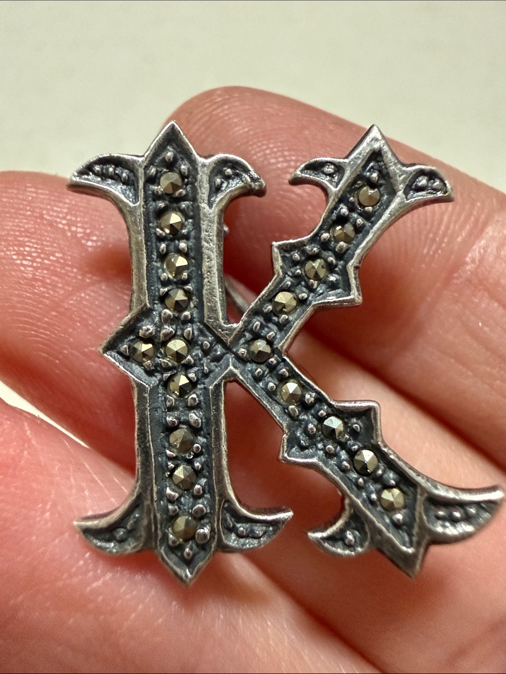Vintage-Style sterling silver 925 'K' Initial Pin Marcasite Brooch